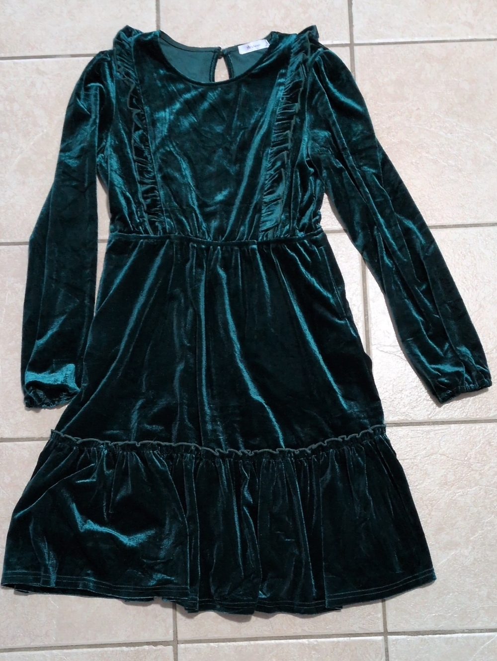 Emerald Green Velvet Long Sleeve Ruffle Dress Girls 13-14
